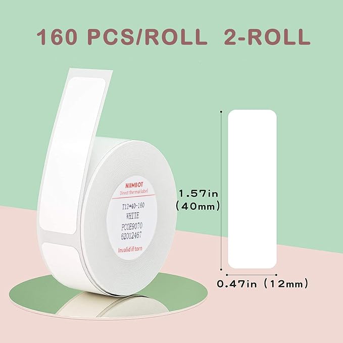 NIIMBOT Label Tape of Model D11/D110/D101 Printer, (2 Rolls, 0.47"×1.57"/12×40mm) Waterproof and Self-Adhesive Labels, Office & Home Labeling Tape Replacement (White)