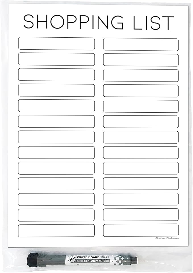 Dry Erase Shopping List Vinyl Sticker Decal Whiteboard by Glassboard Studio | Removable & Reusable | Magnetic Fine-Tip Marker Included (9 x 12 inches, White)