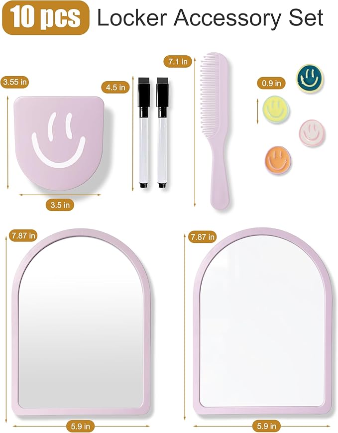 10 pcs - Locker Accessories, Locker Decorations Including Mirrors, whiteboards, Magnets and organizing Supplies. Ideal for Back-to-School Essentials and The Office (10 Pcs - Purple)