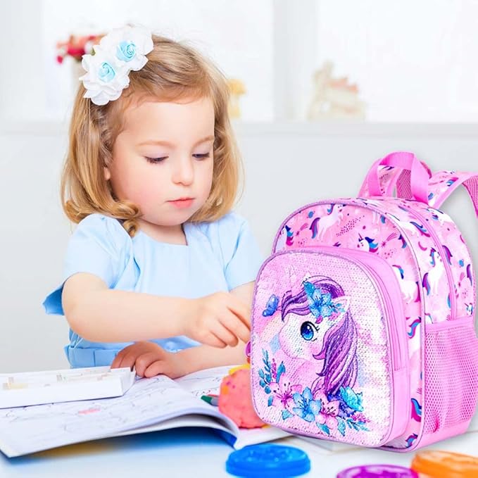 Toddler Backpack for Girls, Cute Unicorn Bookbag for Little Kids, 12” Sequin Kindergarten Preschool Schoolbag