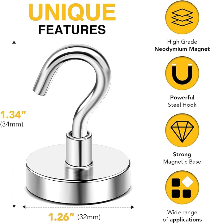 DIYMAG Outdoor Hooks for Hanging String Lights, Magnetic Hooks Strong 118lbs+ Hanging Party Light Wall Cable 2025 Cruise Cabin Ship Essentials Heavy Duty Strong Magnets for Outside Grill 10PCS