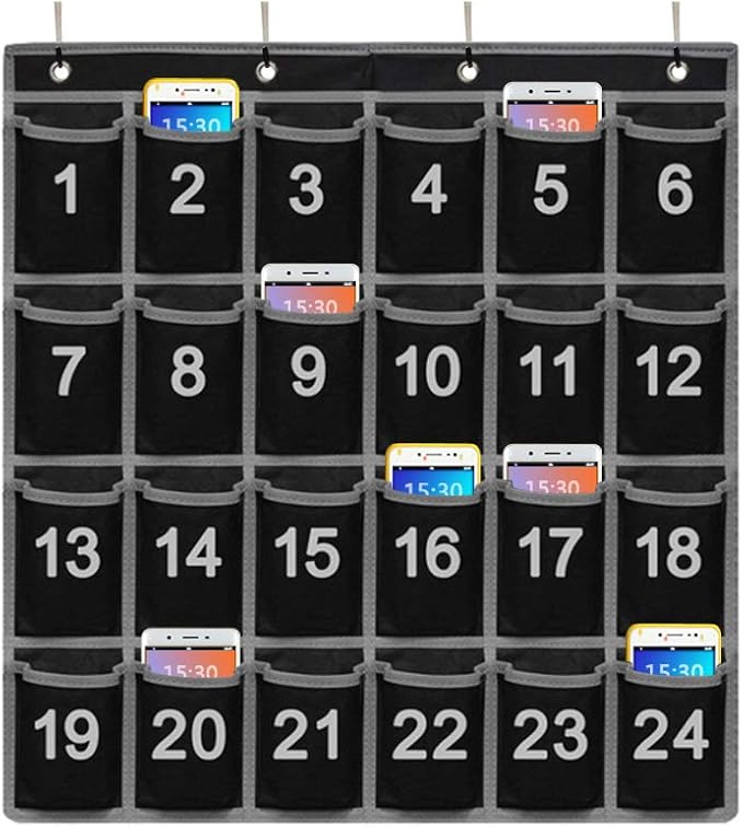 Godery Numbered Classroom Pocket Chart for Cell Phone, Hanging Wall Organizer & Pocket Chart Holder for Key, ID Cards, Pen and More (24 Pocket)