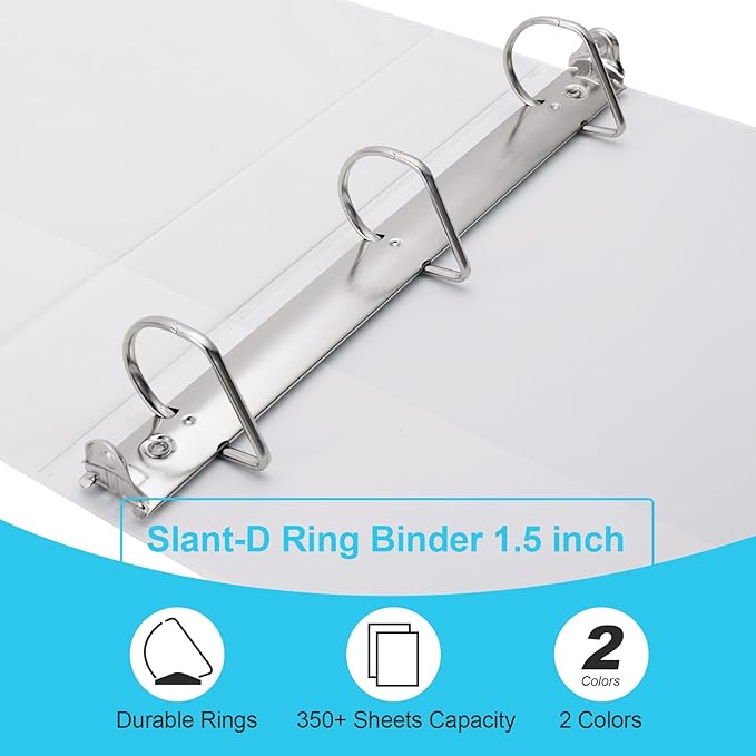 COMIX 3 Ring Binder,1.5 inch Slant-D Clear View Cover with Pockets, Holds 350 Sheets of US Letter Size Paper, White Binder for School Office and Home, 12 Pack