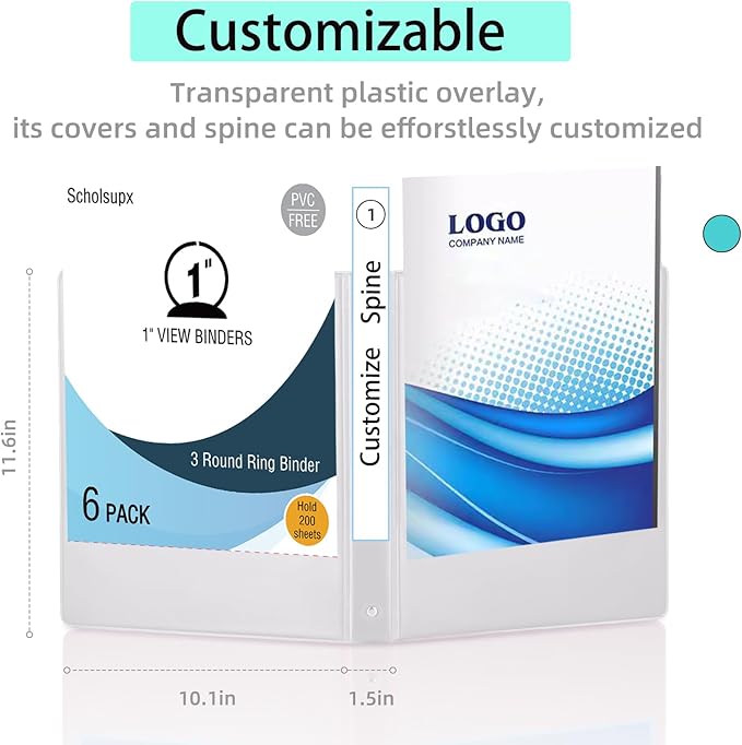 1 Inch Binders 3 Ring, with 2 Interior Pockets,Holds 200 Sheets Letter Size Paper,Resistant,PVC Free,White Three Round Ring Binders for Office, Home, and School Use,White Color,6 Pack
