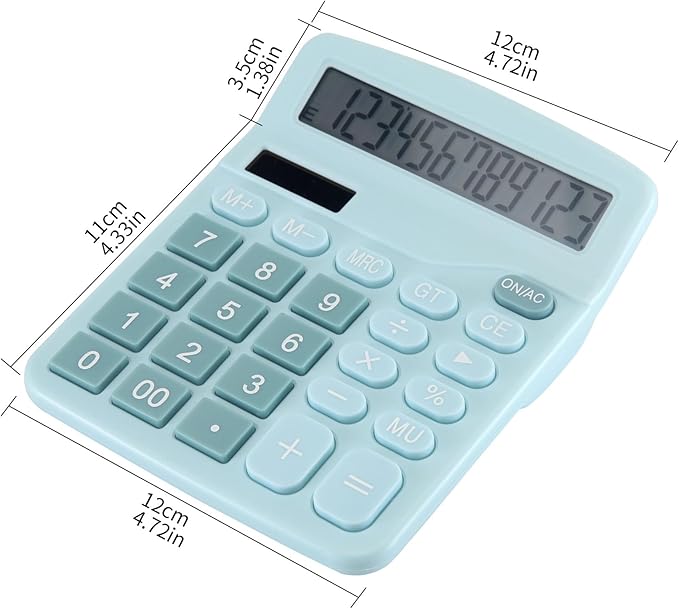 Desk Calculator 12 Digit Office Calculators with Large Screen Display, Dual Solar Power and Battery, Recessed Big Button Calculator for Office Home School(Blue)