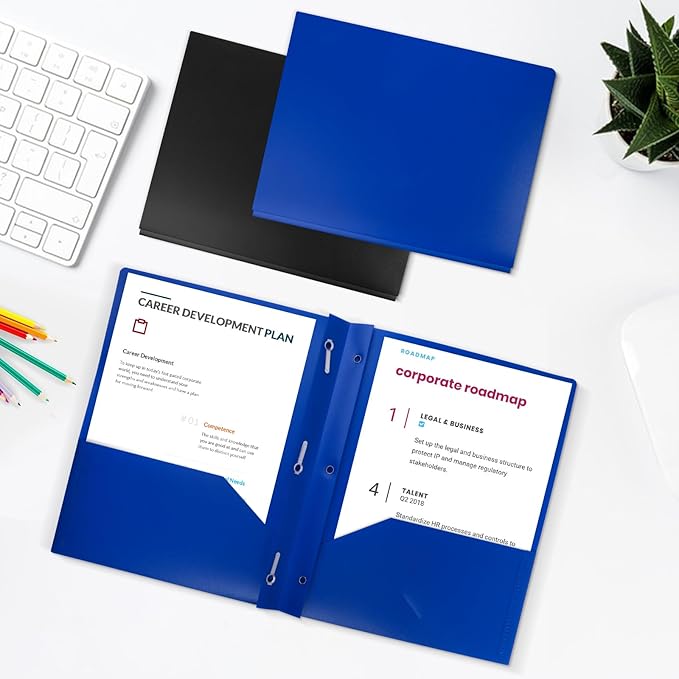 60-Pack Plastic Folders with Pockets and Prongs,2-Pocket Folders with 3 Fasteners, Poly Folders Holds 8-1/2" x 11" Paper for School/Office/Home, Blue
