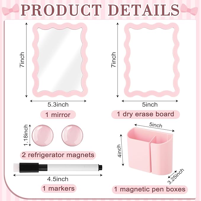 Scalloped Magnetic Locker Accessories Kit Back to School Essentials 6 Pieces Includes Whiteboard Mirror and Organizing Supplies Cute Locker Organizer Decoration for School (Pink)