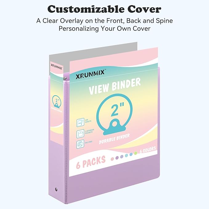 2-Inch 3-Ring Binder with Pockets, Premium 2'' Large Binders with Three Ring Binders Holds up to 450 Sheets US Letter Size, Bulk Pack of 6 (2- inch Pastel Color)
