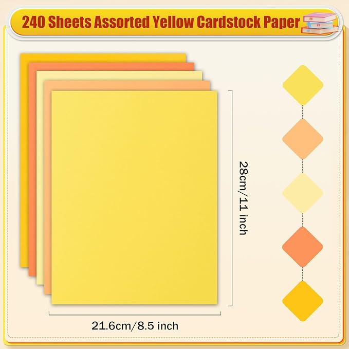 MixTeach 240 Sheets Assorted Yellow Cardstock Paper 8.5 x 11" Medium Thick Card Stock 180gsm/65lb Printable Kraft Paper for Boho Themed Scrapbooking, Card Making, Invitations, DIY Art Craft Supplies