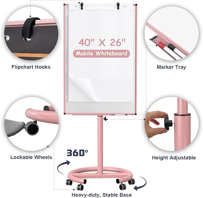White Board on Wheels, 40x26 Inches Standing Dry Erase Board, Portable Whiteboard with Stand, Magnetic Mobile Whiteboard for Classroom, School, Office, Home, Teacher, with Flip Chart Paper