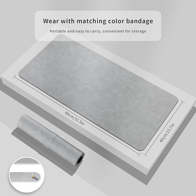 Crazy Horse Leather Desk Mat Large Mouse Pad Laptop Desk Pad Waterproof Non-Slip Table Blotter Desktop Writing Pad for Office and Home (Light Grey, 120x43cm)