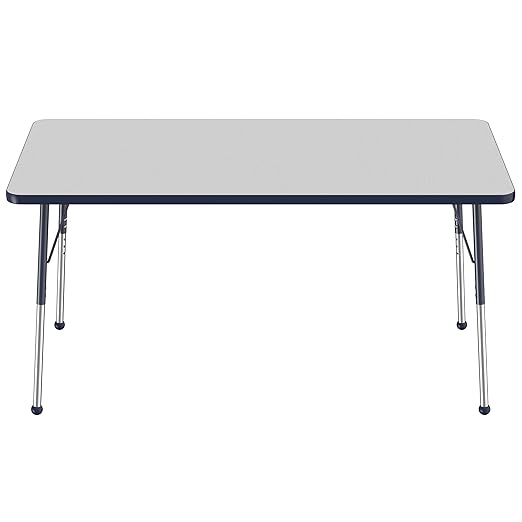 Factory Direct Partners FDP Rectangle Activity School and Office Table (36 x 60 inch), Standard Legs with Ball Glides, Adjustable Height 19-30 inches - Gray Top and Navy Edge