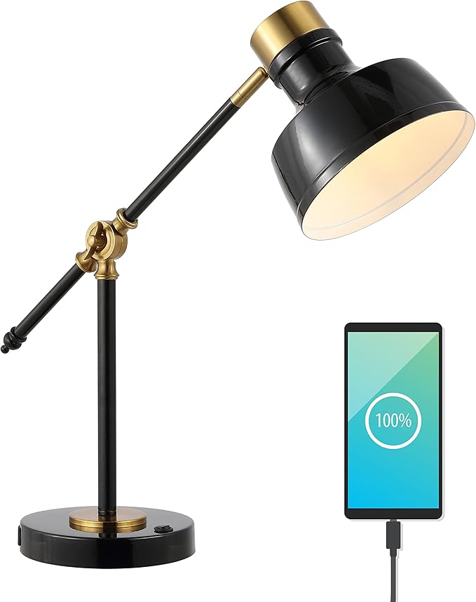 JONATHAN Y JYL7124A Allegra 18.5" Adjustable Cantilever LED Task Lamp, USB Charging Port, Classic, Coastal, Industrial, Farmhouse, Traditional for Bedroom, Living Room, Office, Black/Brass Gold