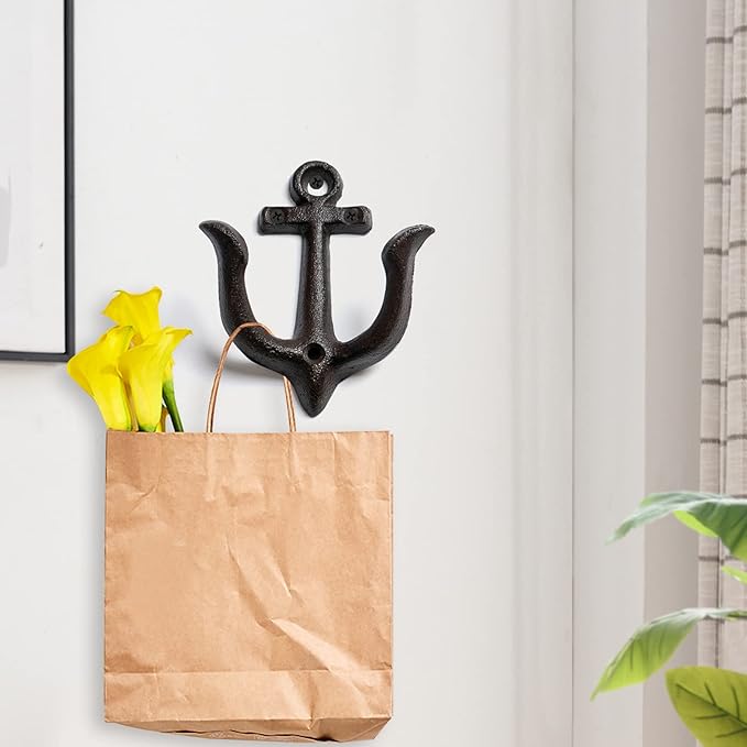 Notakia Decorative Wall Hooks Mounted Antique Shabby Chic Metal Cast Iron Nautical Anchor Design Hooks Hanger, Vintage Rustic Cast Iron Wall Hooks,Screws Included (Brown Anchor 4Pcs)
