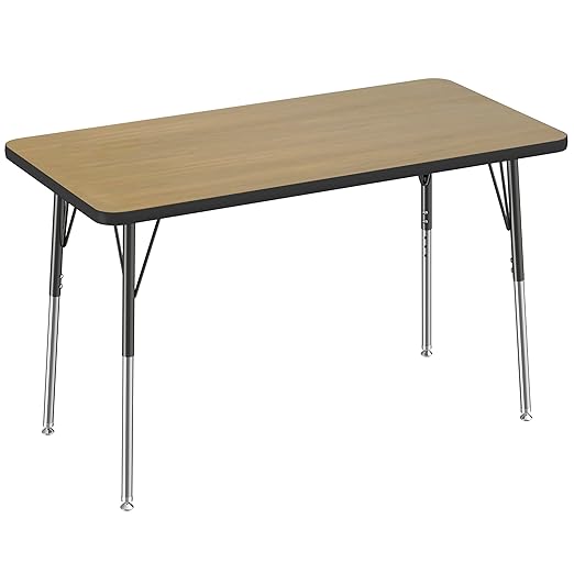 FDP Rectangle (24 x 48 inch) Classroom Table with Adjustable Standard Swivel Glide Legs (19-30 in); School and Office Furniture - Pasadena Oak Top/Black Edge and Legs