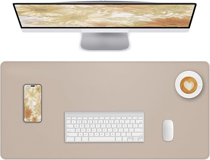 Leather Desk Pad Protector Large Mouse Pad, Stitched Locking Edge Non-Slip PU Leather Desk Mat Laptop Desk Pad Blotter, Waterproof Durable Writing Pad for Office and Home (Beige, 120 x 43cm)