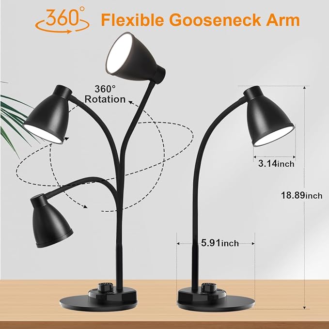 BOHON LED Desk Lamp with USB Charging Port 3 Color Modes Dimmable Reading Light Intelligent Induction Auto Dimming Task Lamp Flexible Gooseneck Table Lamp for Bedside Office, AC Adapter Include