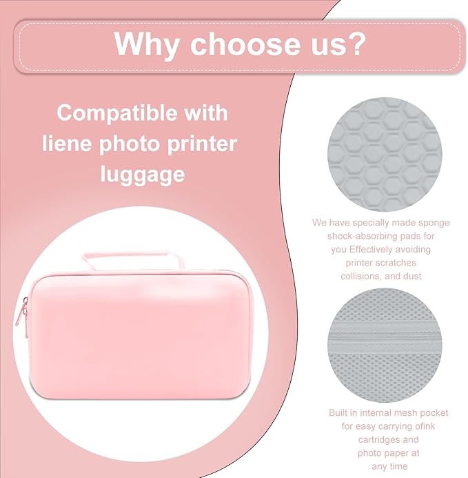 EVA Hard Storage Carrying Case Compatible with Liene M100 M200 4x6'' Photo Printer Extra Space for Charger, Photo Paper, Memory Card and Battery Pink (Case Only)