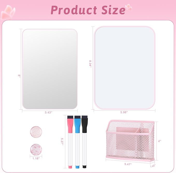 HAUTOCO Locker Accessories for Girls 8PCS Pink Locker Decoration Organizer Supplies with Magnetic Whiteboard, Magnetic Mirror, Pen Holder, Dry Erase Markers and Magnets, Back to School Essentials