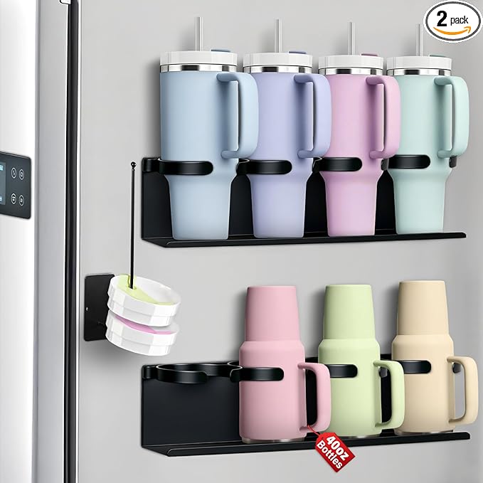 2Pcs Magnetic Water Bottle Organizer for Stanley 30 40 oz Tumbler and Lid Magnetic Cup Holder Heavy Duty Tumbler Storage Organizer Drink Accessories Kitchen Cup Storage Rack for Fridge Cabinets Gifts