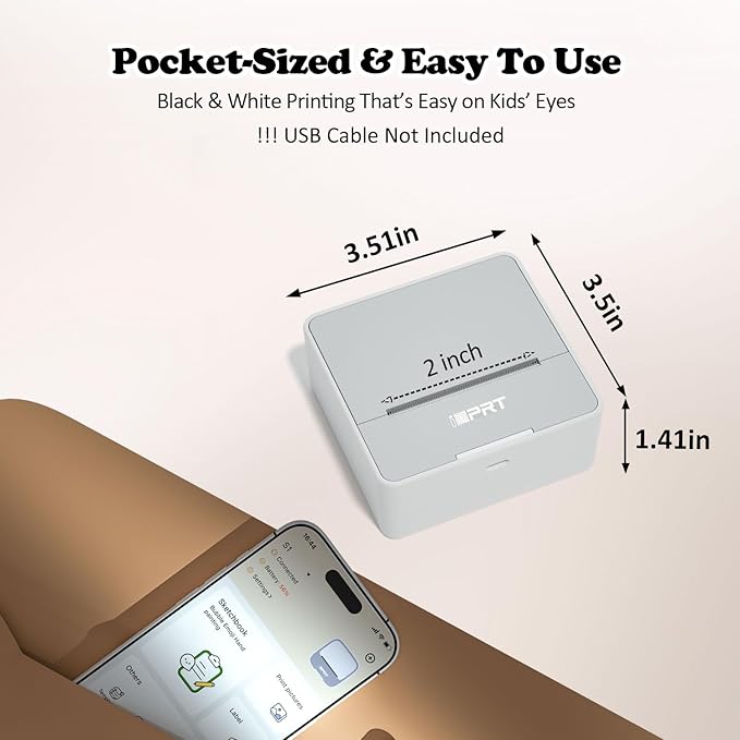 S2 Sticker Printer, PrintPods Mini Printer, Bluetooth Portable Sticker Maker with 1 Roll Paper, Print Pod Inkless Thermal Printers for iPhone, Impresora Portátil for Notes, Journal, DIY, Kids Gift