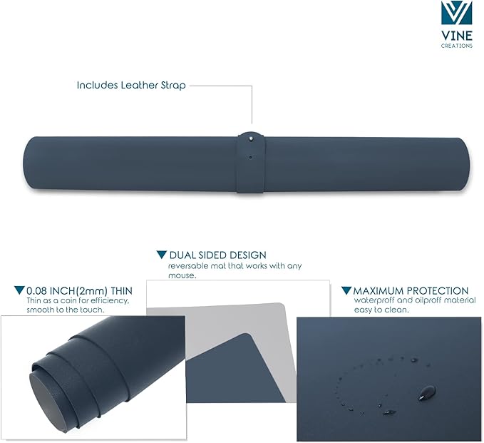 Vine Creations Leather Desk Mat Large 44" x 22", Desk Protector Mat, PU Leather Desk Pad, Large Mouse Pad, Desk Blotter, Desk Pads on Top of Desks, Desk Matt for Desktop, Office Desk Mat (Dark Blue)