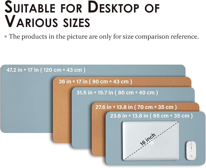 Cork Desk Mat - Dual-Sided Desk Pad for Office and Home - Desk Organization and Accessories - Ideal for Large Mouse Pad and Desk Mats on Top of Desks(Light Blue,90cmx 43cm)