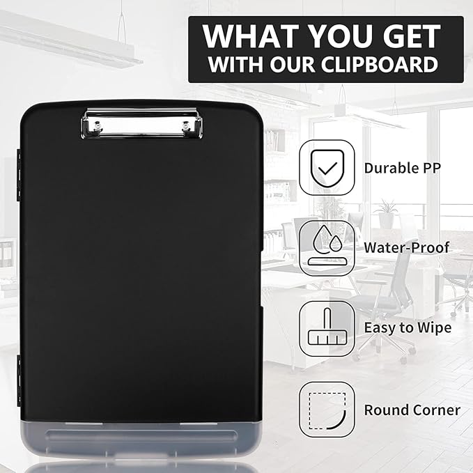 Clipboard with Storage,A4 Binder Clipboards with Pen Holder,Heavy Duty Plastic Storage Clipboard with Low Profile Clip,Nursing Clipboards Folder Side-Opening,Smooth Writing Clip Board for Office-Black