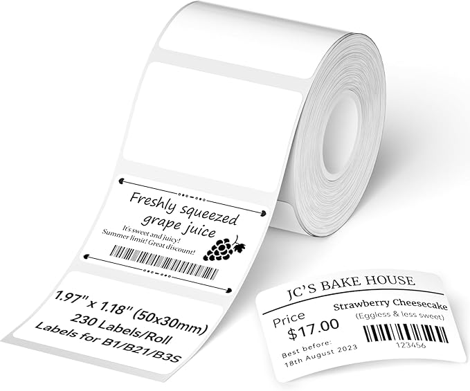 NIIMBOT Label Tape for B1/B21/B3S, 1.97'' x 1.18'' (50x30mm), 230 Labels/Roll, Thermal Label Tape for Marson Jar/Bakery/Grocery/Barcode/Return Address/Small Business, White