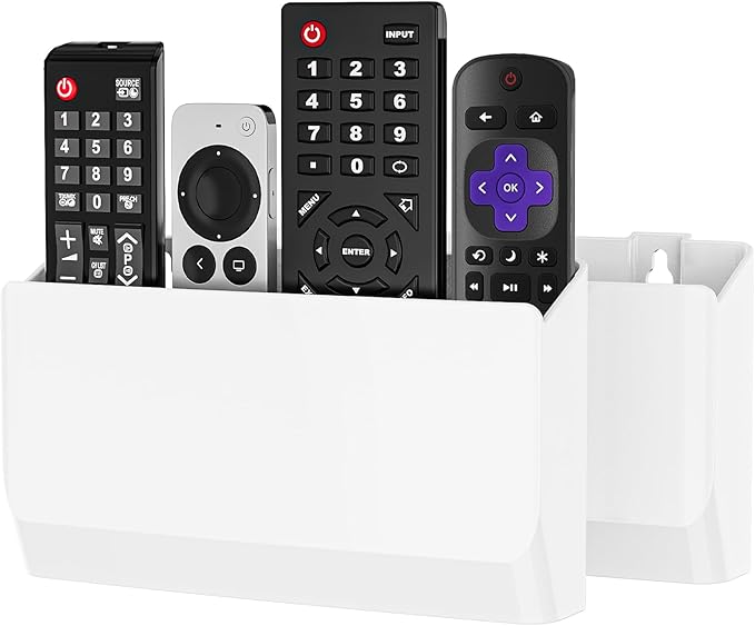 WALI Remote Control Holder Wall Mount 2 Pack, 8 Inch Hole-Free TV Remote Holder Wall Mount No Need to Drill Holes Adhesive Remote Control Wall Holder for 3 or 4 Remote Controls, White (WMH002-W)