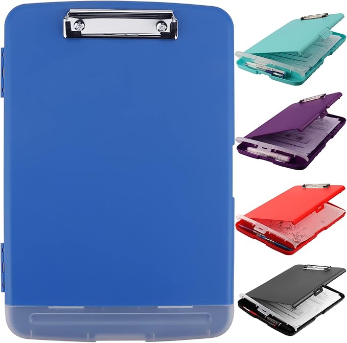 Clipboard with Storage, A4 Binder Clipboards with Pen Holder,Heavy Duty Plastic Storage Clipboards with Low Profile Clip,Nursing Clipboard Folder Side-Opening,Smooth Writing Clip Board for Office-Blue