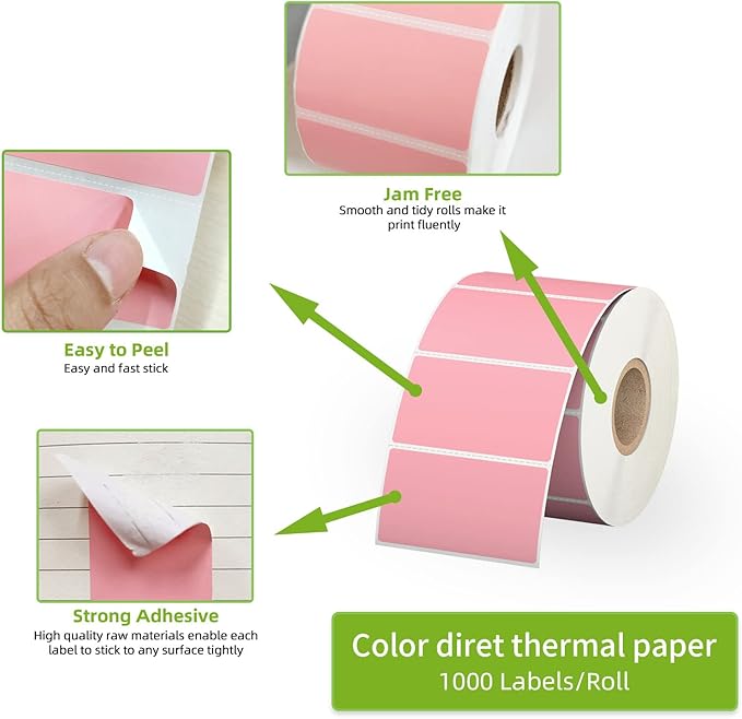 2.25" x 1.25" Pink Direct Thermal Labels, Replacement for Self-Adhesive Address Shipping Barcode Thermal Stickers, Compatible with Rollo & Zebra Thermal Label Printer(1 Roll, 1000 Labels)