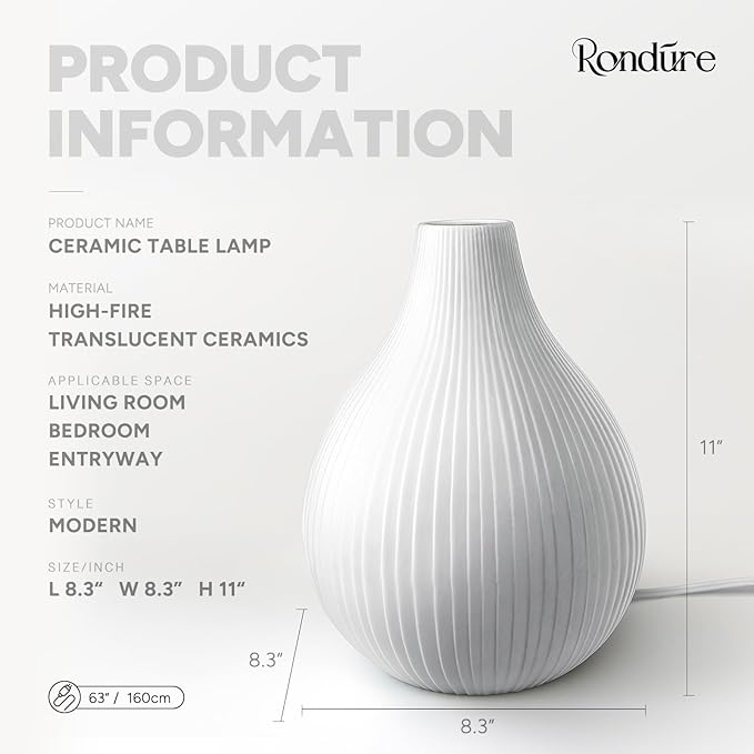 RONDURE 11.0" Modern Ceramic Table Lamp, Modern Bedside Lamps for Bedroom, Living Room and Nightstand, White Translucent Ceramic Shade, Warm Ambient Lighting, Home Decor