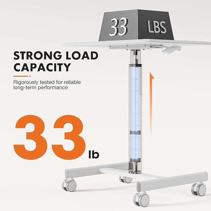 Sweetcrispy Mobile Small Stading Desk - Sit Stand Desk, Portable Rolling Laptop Desk with Lockable Wheels, Computer Workstations, Adjustable Height, White