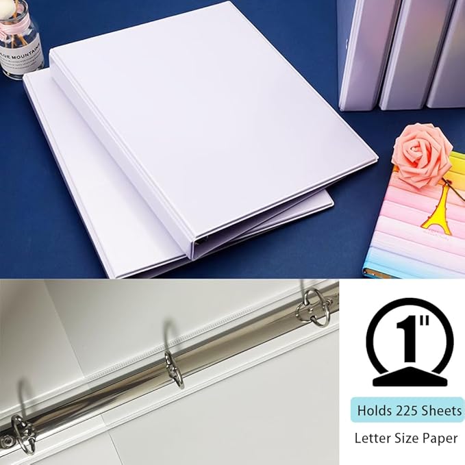 1 Inch Binders 3 Ring, with 2 Interior Pockets,Holds 200 Sheets Letter Size Paper,Resistant,PVC Free,White Three Round Ring Binders for Office, Home, and School Use,White Color,6 Pack