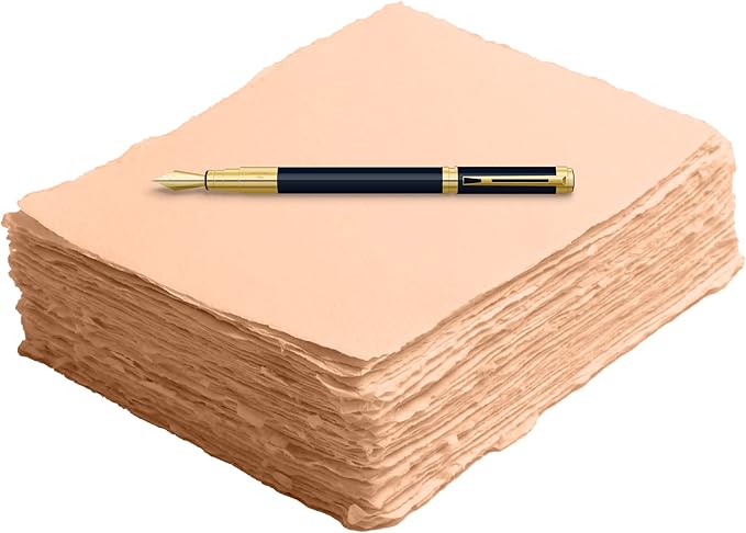 Handmade Cotton Paper with Deckle Edge Recycled Cotton Rag Mixed Media Card Stock for Watercolor, Writers, Invitations, Crafts (8x8 inch, 150gsm, 50 Pack, Baby Peach Color)