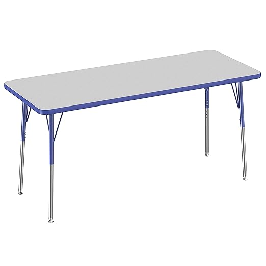 Factory Direct Partners FDP Rectangle Activity School and Office Table (24 x 60 inch), Standard Legs with Swivel Glides, Adjustable Height 19-30 inches - Gray Top and Blue Edge