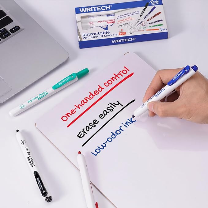 WRITECH Retractable Dry Erase Markers: Fine Point Clickable Colored Ink Marker Low Odor Erasable Thin Tip Refillable Multicolor Whiteboard Marker Pen Set 6ct No Bleed Smear