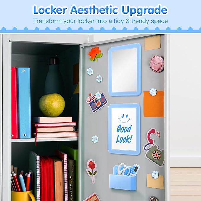 MoKo Locker Accessories Set, 15PCS Back to School Supplies Includes Magnetic Mirror, Whiteboard, Markers, Pen Holder, Magnets, Locker Organizer for School Office (Blue)