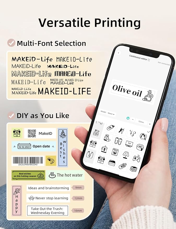 Makeid Label Maker Machine with Tape - Compatible with 9/12/16mm Waterproof Tape, Portable & Rechargeable Label Makers with Built-in Cutter Wireless Label Printer Compatible with Android & iOS Devices