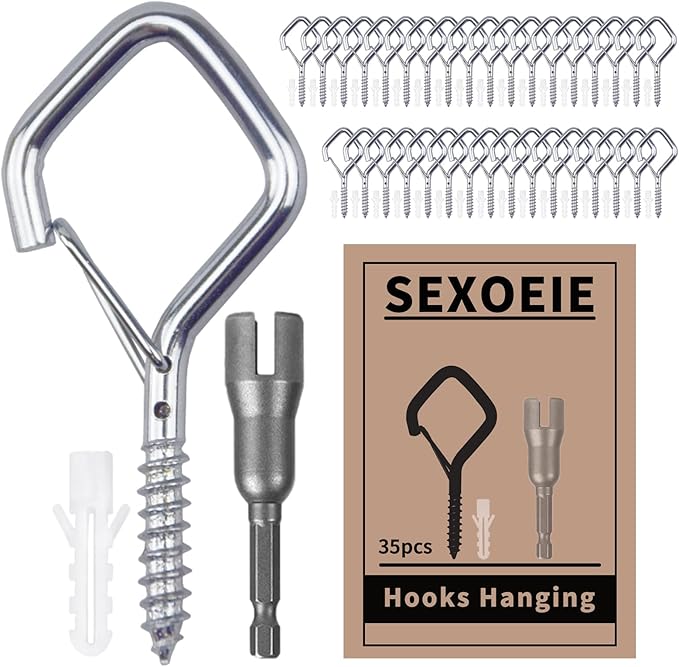 35PCS Eye Screw Hooks for Hanging Heavy Duty with Safety Buckle.Metal Ceiling Hooks for Hanging Plants,Cup,Wind Chime,Bird Feeders,String Lights at Indoor&Outdoor,2.36 Inches Silver