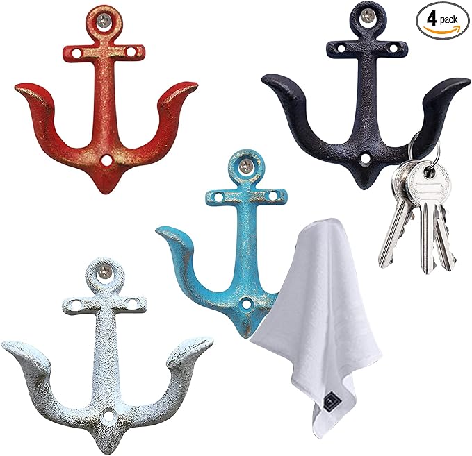 Notakia Vintage Rustic Cast Iron Nautical Anchor Design Wall Hooks Coat Hooks Rack, Decorative Wall Mounted Antique Shabby Chic Metal Towel Coat Hooks Hanger,Screws Included (4 PCS)