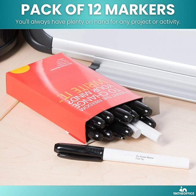 1InTheOffice Black Dry Erase Markers, Dry Erase Marker, Whiteboard Markers, Bullet Tip, 12 Pack