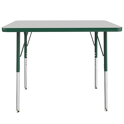 FDP Rectangle Activity School and Office Table (24 x 36 inch), Standard Legs with Swivel Glides, Adjustable Height 19-30 inches - Gray Top and Green Edge