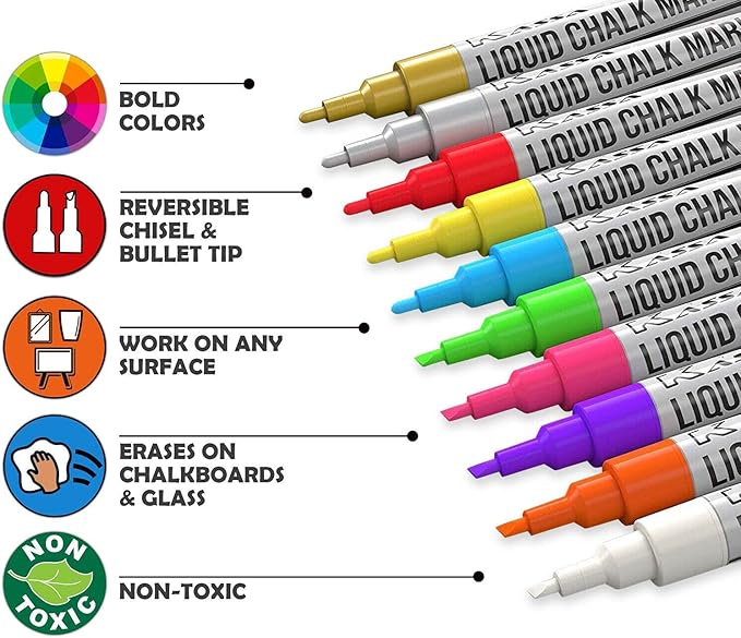 Kassa 10-Pack Neon Multicolor Chalk Markers | Includes Reversible Bullet & Chisel Tips | Works on Chalkboards, Windows, Glass or Mirrors |Ideal for Use at Home, & Office