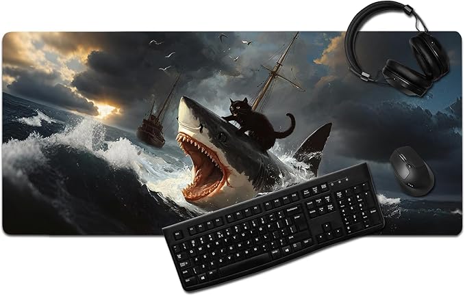 Funny Black Cat Mouse Pad, Abstract Quirky Cat and Shark Mousepad - Large Non-Slip Desk Mat for Office, PC & Laptop - 35.5"x15.7" x 3mm