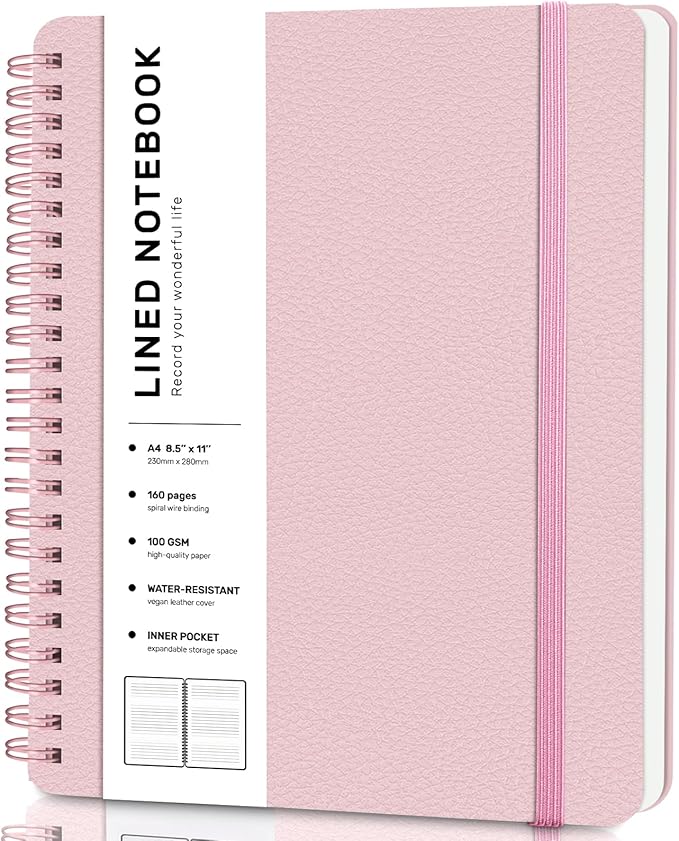 Lined Spiral Journal Notebook, A4 Spiral Notebook, 8.5''×11'' 100GSM Thick Paper Spiral Bound Journaling Notebooks for Work, School, Women, College Ruled Spiral Notebook for Note Business, Pink