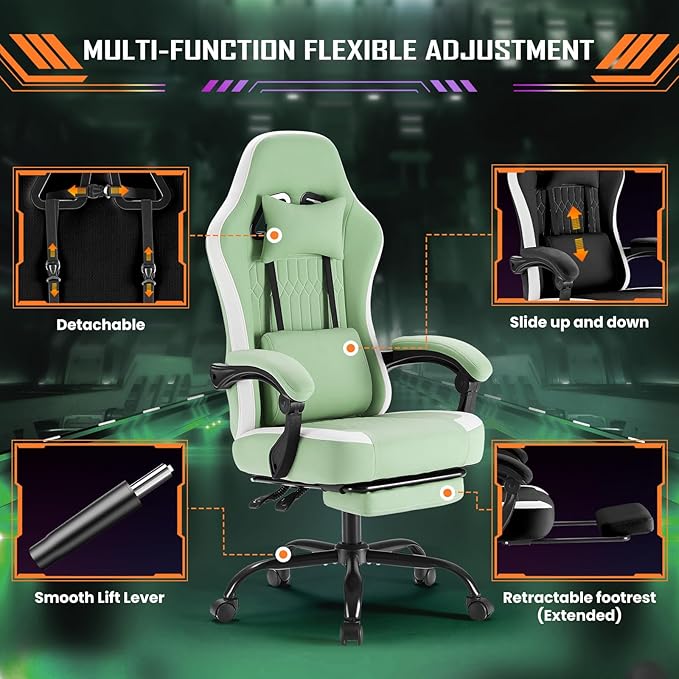 Sweetcrispy Computer Gaming Chair - High Back Ergonomic Desk Chair with Footrest and Lumbar Support, Height Adjustable Task Chair with Linkage Armrests and Headrest, 360° Swivel Wheels, Green