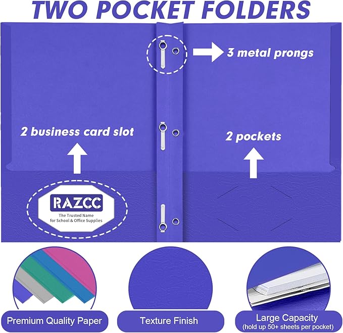 Two Pocket Folders, RAZCC 50 Pack Two Pocket with Prongs, 3 Prong Pocket Folders Letter Size, Paper Folders with Prongs for School Office Home Business, Assorted 5 Colors