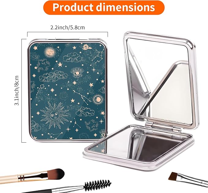 Compact Pocket Mirror, Cute Travel Mini Mirror with Magnification, Foldable Double-Sided Portable Cosmetic Mirror for Men, Women Blue Sun and Moon
